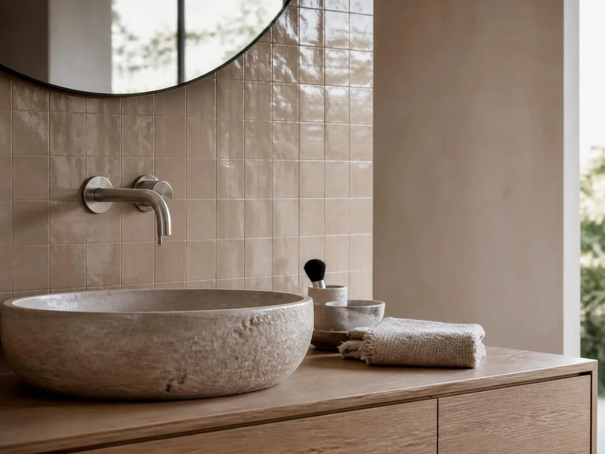 Lavabo de piedra sobre un mueble de madera, con grifería de acero empotrada en una pared de azulejo en tono arena