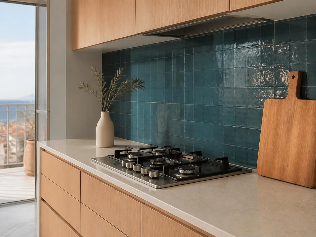 Cocina moderna con placa de gas integrada en una encimera de piedra clara y frente de azulejo azul petróleo
