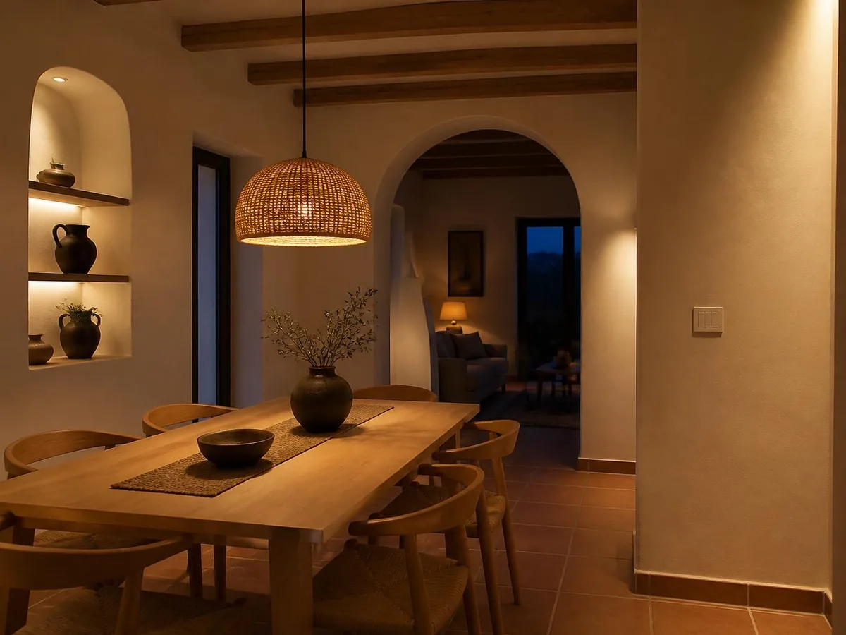 Comedor con iluminación cálida: lámpara colgante sobre la mesa de madera, hornacinas iluminadas e interruptor discreto en la pared