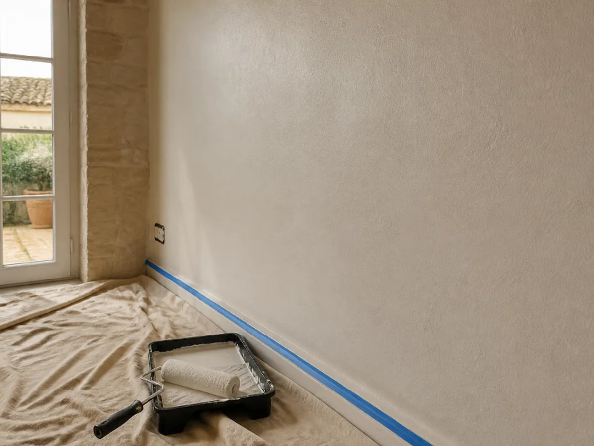 Pared recién pintada en tono neutro, con un rodillo y una bandeja de pintura sobre una lona de protección