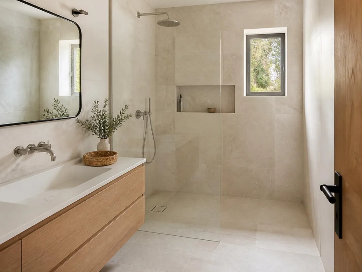Baño renovado con ducha a ras de suelo, mampara de vidrio transparente, revestimiento de piedra clara y mueble de madera